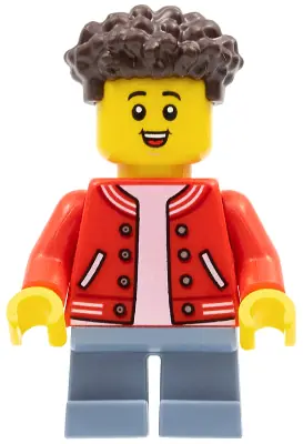 CTY1352:  Boy, Red Jacket with Striped Trim, Sand Blue Short Legs, Dark Brown Hair