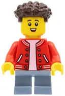 Minifigurka: CTY1352:  Boy, Red Jacket with Striped Trim, Sand Blue Short Legs, Dark Brown Hair