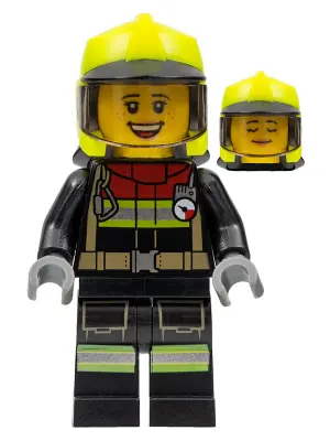 CTY1356:  Fire - Female, Black Jacket and Legs with Reflective Stripes and Red Collar, Neon Yellow Fire Helmet, Trans-Brown Visor, Freckles (Sarah Feldman)