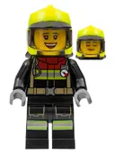 Minifigurka: CTY1356:  Fire - Female, Black Jacket and Legs with Reflective Stripes and Red Collar, Neon Yellow Fire Helmet, Trans-Brown Visor, Freckles (Sarah Feldman)