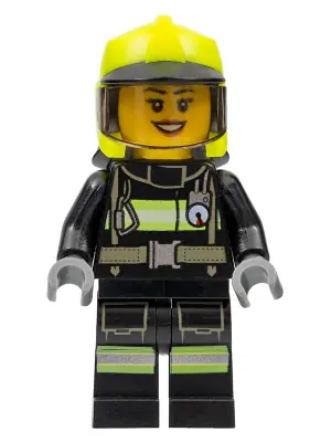 CTY1357:  Fire - Female, Black Jacket and Legs with Reflective Stripes, Neon Yellow Fire Helmet, Trans-Brown Visor, Dark Orange Lips