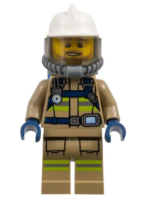 CTY1359:  Fire - Reflective Stripes, Dark Tan Suit, White Fire Helmet, Open Mouth with Beard, Breathing Neck Gear with Blue Air Tanks