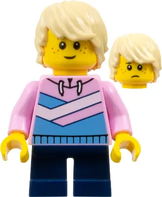 CTY1361:  Child - Boy, Bright Pink Hoodie with Medium Blue and White Diagonal Stripes, Dark Blue Short Legs, Tan Tousled Hair, Freckles