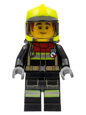 CTY1362:  Fire - Male, Black Jacket and Legs with Reflective Stripes and Red Collar, Neon Yellow Fire Helmet, Trans-Brown Visor, Dark Orange Sideburns (Bob)