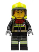 Minifigurka: CTY1362:  Fire - Male, Black Jacket and Legs with Reflective Stripes and Red Collar, Neon Yellow Fire Helmet, Trans-Brown Visor, Dark Orange Sideburns (Bob)