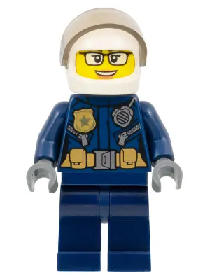 CTY1363:  Police - City Motorcyclist Female, Leather Jacket with Gold Badge and Utility Belt, White Helmet, Trans-Brown Visor, Glasses, and Open Mouth Smile