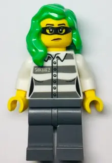 CTY1364:  Police - Jail Prisoner 50382 Prison Stripes, Female, Dark Bluish Gray Legs, Frown with Black Mask, Green Hair