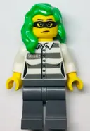 Minifigurka: CTY1364:  Police - Jail Prisoner 50382 Prison Stripes, Female, Dark Bluish Gray Legs, Frown with Black Mask, Green Hair