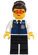 Minifigurka: CTY1365:  Police - Officer Gracie Goodhart, Dark Blue Vest, Black Legs, Dark Brown Hair with Bun, Safety Glasses