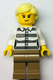 CTY1368:  Police - Jail Prisoner 50382 Prison Stripes, Female, Dark Tan Legs, Smirk with Nougat Lips, and Bright Light Yellow Ponytail
