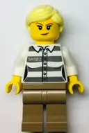 Minifigurka: CTY1368:  Police - Jail Prisoner 50382 Prison Stripes, Female, Dark Tan Legs, Smirk with Nougat Lips, and Bright Light Yellow Ponytail
