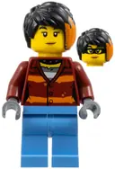 Minifigurka: CTY1379:  Police Crook - Female, Dark Red Torso with Orange Stripes, Medium Blue Legs, Black Hair with Orange Highlights (Daisy Kaboom)