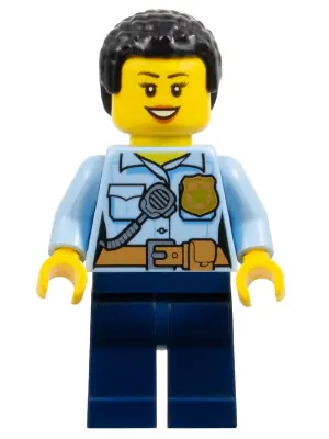 CTY1381:  Police - City Officer Female, Bright Light Blue Shirt with Badge and Radio, Dark Blue Legs, Short Black Curly Hair