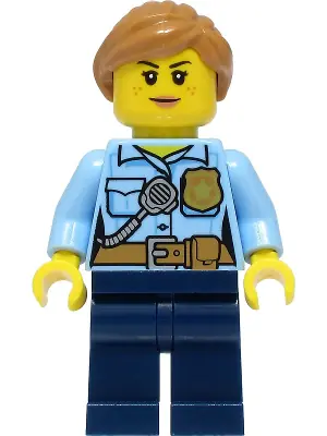 CTY1384:  Police - City Officer Female, Bright Light Blue Shirt with Badge and Radio, Dark Blue Legs, Medium Nougat Hair