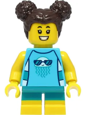 CTY1386:  Child - Girl, Medium Azure Sleeveless Jellyfish Shirt, Dark Turquoise Short Legs, Dark Brown Hair with Buns