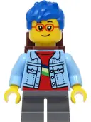 Minifigurka: CTY1393:  Child - Girl, Bright Light Blue Denim Jacket, Dark Bluish Gray Short Legs, Blue Messy Hair, Reddish Brown Backpack
