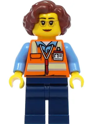 CTY1396:  School Bus Driver - Female, Orange Safety Vest with Reflective Stripes, Dark Blue Legs, Reddish Brown Hair