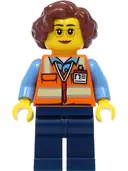 Minifigurka: CTY1396:  School Bus Driver - Female, Orange Safety Vest with Reflective Stripes, Dark Blue Legs, Reddish Brown Hair