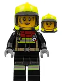 Minifigurka: CTY1399:  Fire - Female, Black Jacket and Legs with Reflective Stripes and Red Collar, Neon Yellow Fire Helmet, Trans-Brown Visor, Splotches