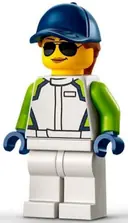 Minifigurka: CTY1401:  Race Car Mechanic - Female, White Racing Jacket and Legs, Dark Blue Cap with Dark Orange Hair