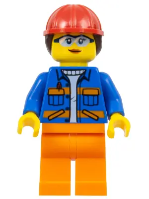 CTY1402:  Construction Worker - Female, Blue Jacket with Diagonal Lower Pockets and Orange Stripes, Orange Legs, Red Construction Helmet with Dark Brown Ponytail Hair, Glasses