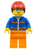 Minifigurka: CTY1402:  Construction Worker - Female, Blue Jacket with Diagonal Lower Pockets and Orange Stripes, Orange Legs, Red Construction Helmet with Dark Brown Ponytail Hair, Glasses