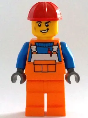 CTY1403:  Construction Worker - Male, Orange Overalls with Reflective Stripe and Buckles over Blue Shirt, Orange Legs, Red Construction Helmet, Lopsided Smile