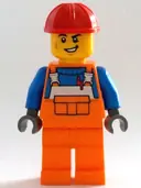 Minifigurka: CTY1403:  Construction Worker - Male, Orange Overalls with Reflective Stripe and Buckles over Blue Shirt, Orange Legs, Red Construction Helmet, Lopsided Smile