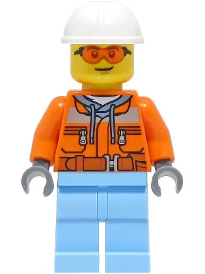CTY1404:  Construction Worker - Male, Orange Safety Jacket, Reflective Stripe, Sand Blue Hoodie, Bright Light Blue Legs, White Construction Helmet, Safety Glasses
