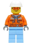 Minifigurka: CTY1404:  Construction Worker - Male, Orange Safety Jacket, Reflective Stripe, Sand Blue Hoodie, Bright Light Blue Legs, White Construction Helmet, Safety Glasses