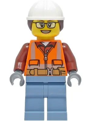 CTY1405:  Construction Worker - Female, Orange Safety Vest, Reflective Stripes, Reddish Brown Shirt, Sand Blue Legs, White Construction Helmet with Dark Brown Ponytail Hair, Glasses