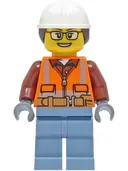 Minifigurka: CTY1405:  Construction Worker - Female, Orange Safety Vest, Reflective Stripes, Reddish Brown Shirt, Sand Blue Legs, White Construction Helmet with Dark Brown Ponytail Hair, Glasses