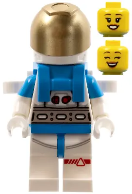 CTY1409:  Lunar Research Astronaut - Female, White and Dark Azure Suit, White Helmet, Metallic Gold Visor, Backpack Clips, Open Mouth Smile