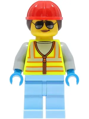 CTY1425:  Space Engineer - Female, Neon Yellow Safety Vest with Reflective Stripes, Bright Light Blue Legs, Red Construction Helmet with Dark Brown Ponytail Hair, Sunglasses