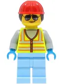 Minifigurka: CTY1425:  Space Engineer - Female, Neon Yellow Safety Vest with Reflective Stripes, Bright Light Blue Legs, Red Construction Helmet with Dark Brown Ponytail Hair, Sunglasses