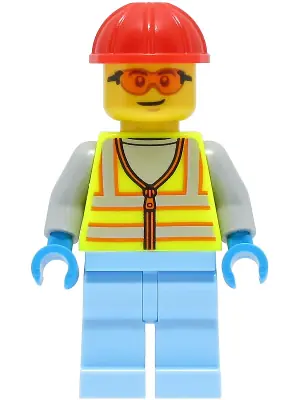 CTY1426:  Space Engineer - Male, Neon Yellow Safety Vest with Reflective Stripes, Bright Light Blue Legs, Red Construction Helmet, Safety Glasses
