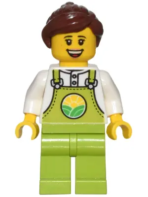 CTY1437:  Farmer - Female, Lime Overalls over White Shirt, Lime Legs, Reddish Brown Hair, Freckles