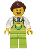 Minifigurka: CTY1437:  Farmer - Female, Lime Overalls over White Shirt, Lime Legs, Reddish Brown Hair, Freckles