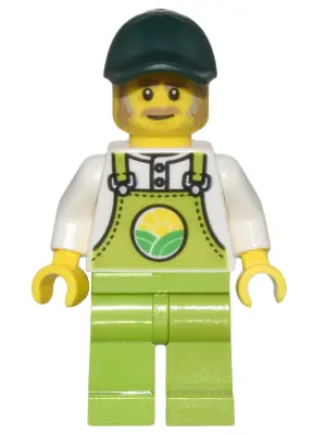 CTY1438:  Farmer Horace - Lime Overalls over White Shirt, Lime Legs, Dark Green Cap, Dark Tan Moustache and Sideburns