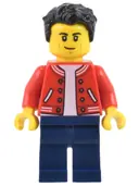 Minifigurka: CTY1440:  Man - Red Jacket, Dark Blue Legs, Black Hair, Smirk and Cheek Lines