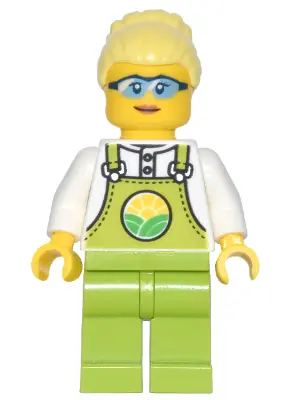 CTY1441:  Farmer Peach - Lime Overalls over White Shirt, Lime Legs, Bright Light Yellow High Bun, Glasses