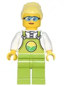Minifigurka: CTY1441:  Farmer Peach - Lime Overalls over White Shirt, Lime Legs, Bright Light Yellow High Bun, Glasses