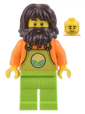 CTY1442:  Farmer - Male, Lime Overalls over Orange Shirt, Lime Legs, Dark Brown Shaggy Hair and Beard