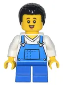 Minifigurka: CTY1443:  Child - Boy, Blue Overalls over V-Neck Shirt, Blue Short Legs, Black Coiled Hair, Freckles