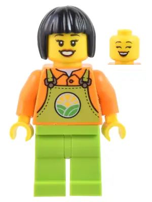 CTY1444:  Farmer - Female, Lime Overalls over Orange Shirt, Lime Legs, Black Short Hair