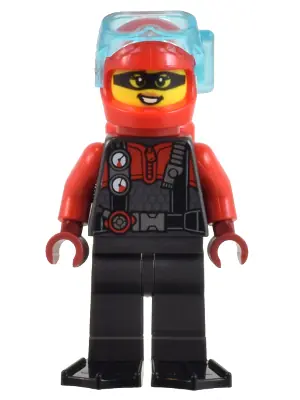 CTY1448:  Police - Crook, Female, Red and Pearl Dark Gray Diving Suit, Black Flippers, Red Helmet and Air Tanks, Trans-Light Blue Diver Mask (Betsy Bass)