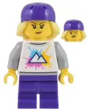 Minifigurka: CTY1450:  Electric Scooter Rider - Female, White Shirt with Mountains Logo, Dark Purple Medium Legs, Dark Purple Bicycle Helmet with Bright Light Yellow Hair, Freckles