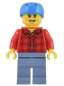 Minifigurka: CTY1451:  Electric Scooter Rider - Red Plaid Flannel Shirt, Sand Blue Legs, Dark Azure Helmet, Light Bluish Gray Eyebrows