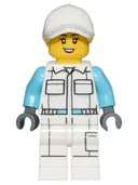 Minifigurka: CTY1452:  Electric Scooter Attendant - Female, White Jumpsuit with Pockets, White Legs with Pocket, White Cap with Bright Light Yellow Ponytail Hair