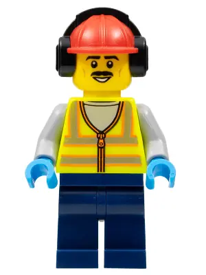 CTY1455:  Stuntz Crew - Male, Neon Yellow Safety Vest with Reflective Stripes, Dark Blue Legs, Red Construction Helmet with Black Ear Protectors / Headphones